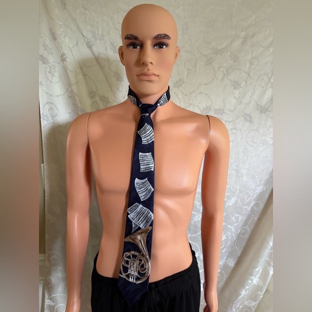 Fratello Hand Made 100% Polyester French Horn and Music Sheets Dark Blue Tie